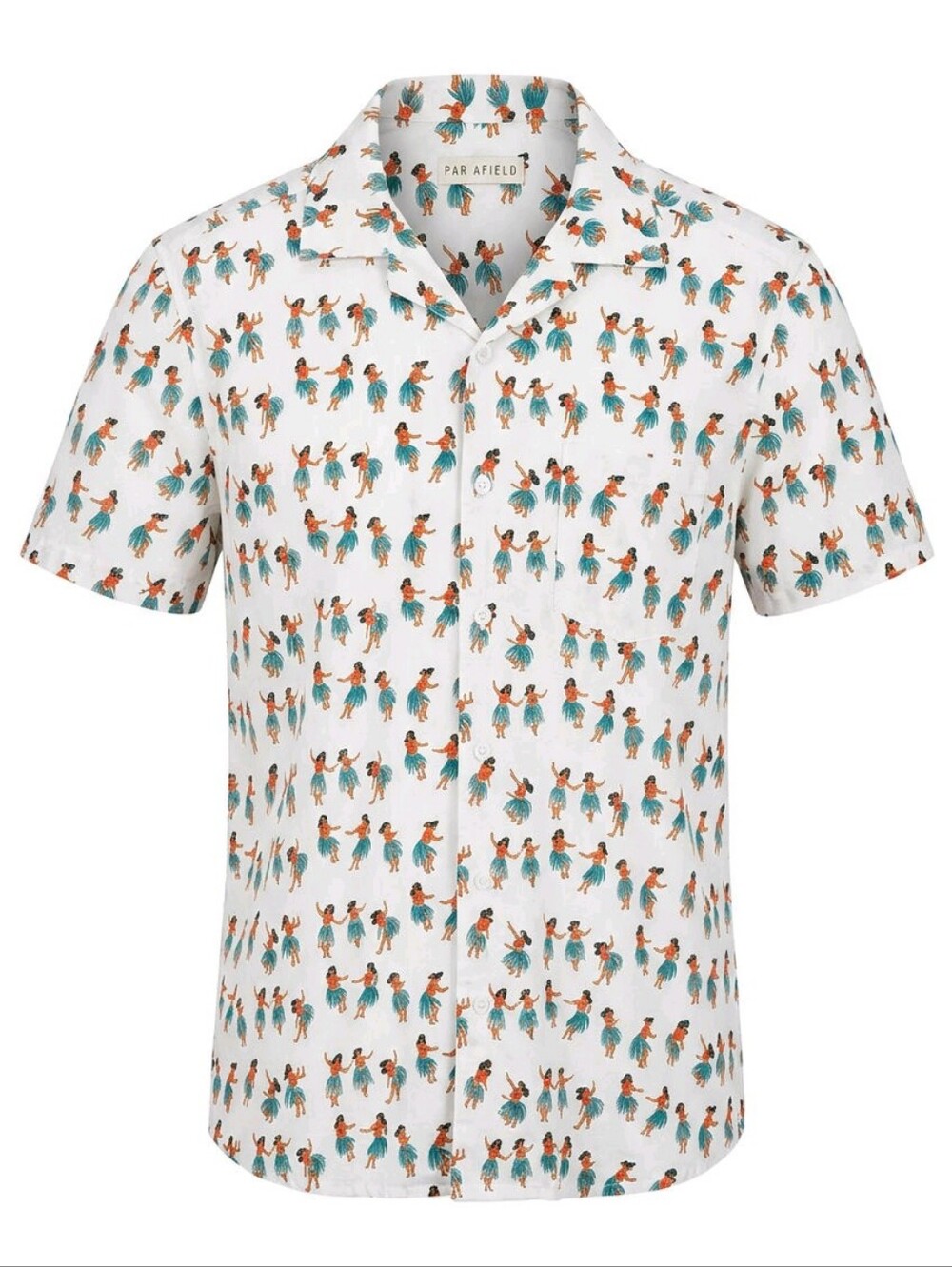 Far Afield Men's White Short-Sleeve Button-Down Shirt with Tropical Dancer Print